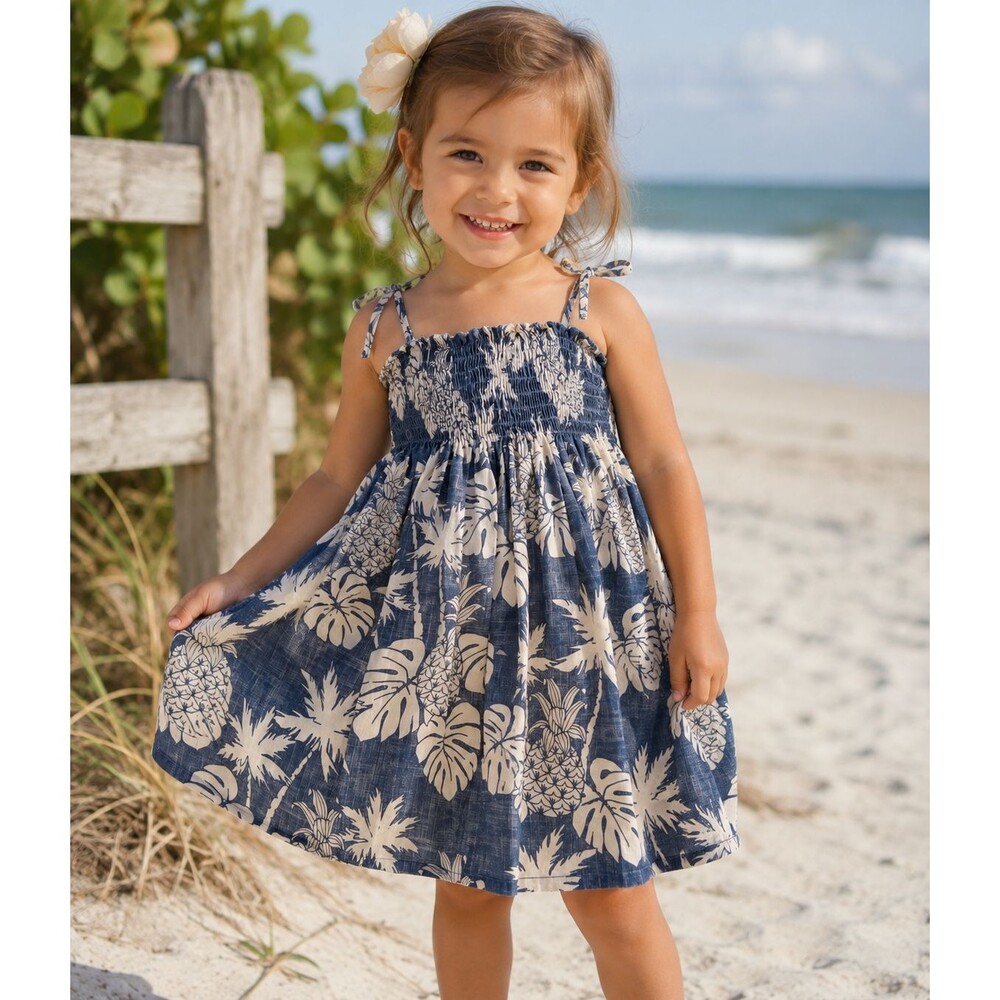 Vintage Hawaii Station Toddler Dress 3/4 Tropical Palm Tree Made in Hawaii